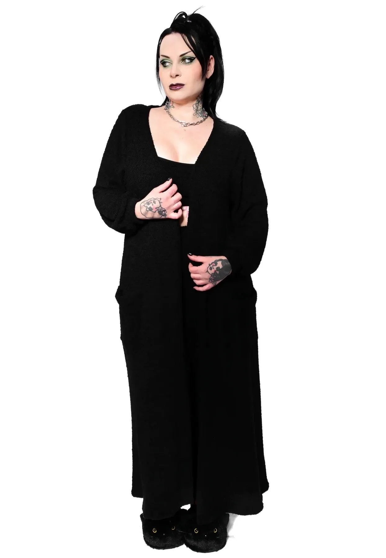 Foxblood - Fuzzy Teddy Lounge Duster Black - Cardigan