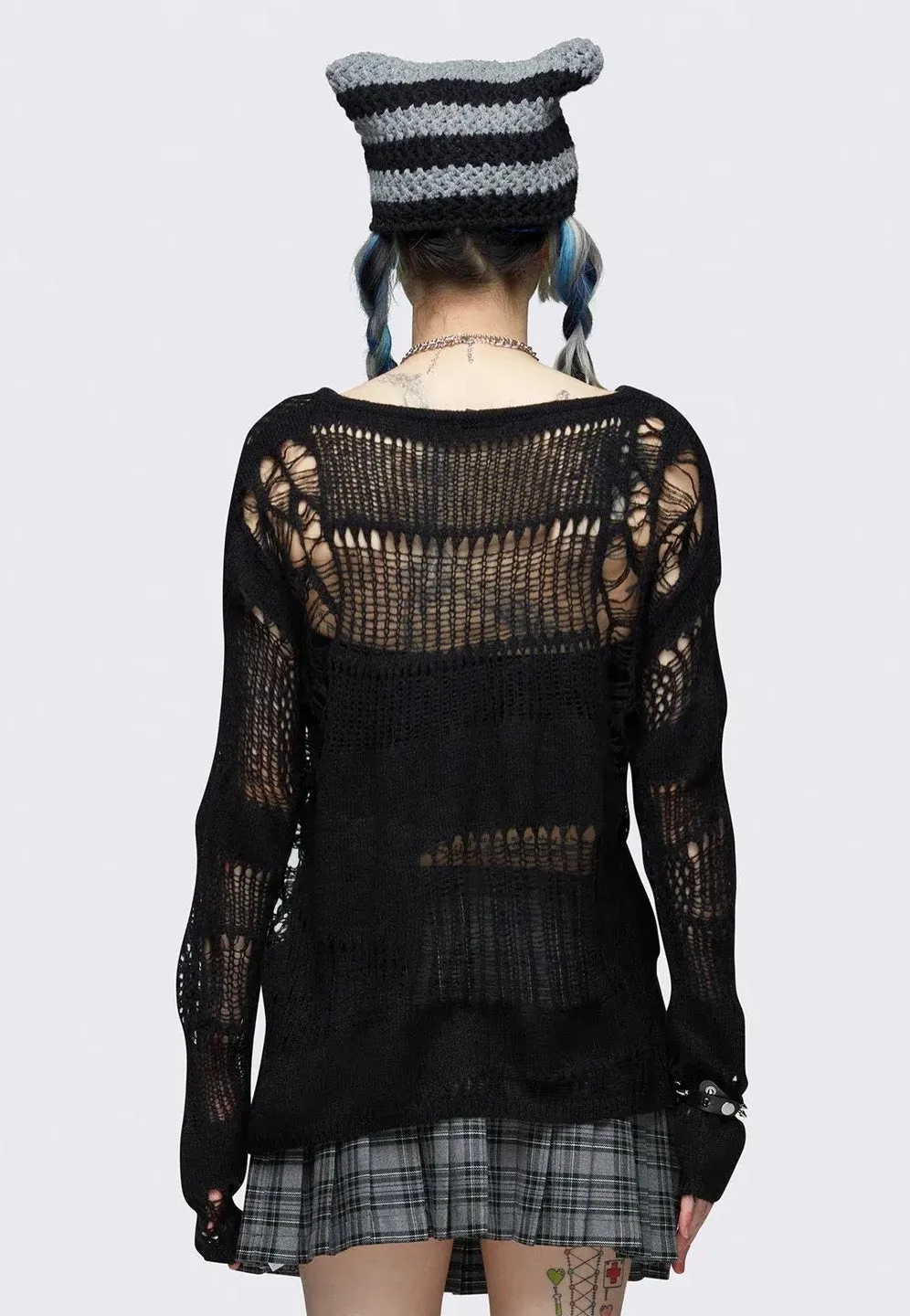 Minga London - Arachne Black Distressed Knit Jumper - Pullover