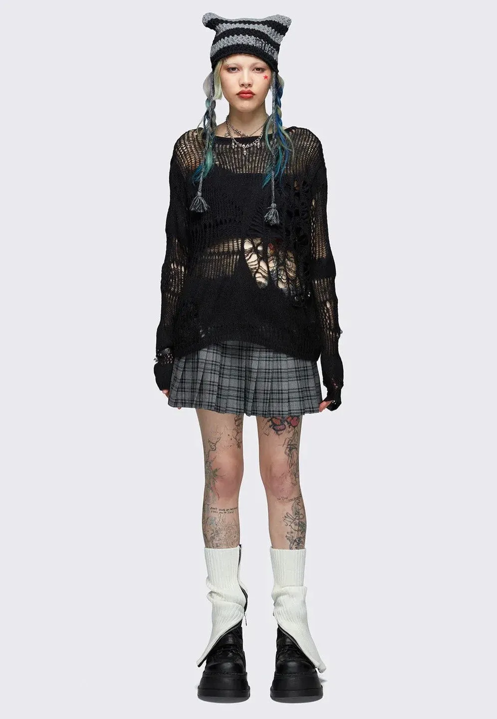 Minga London - Arachne Black Distressed Knit Jumper - Pullover