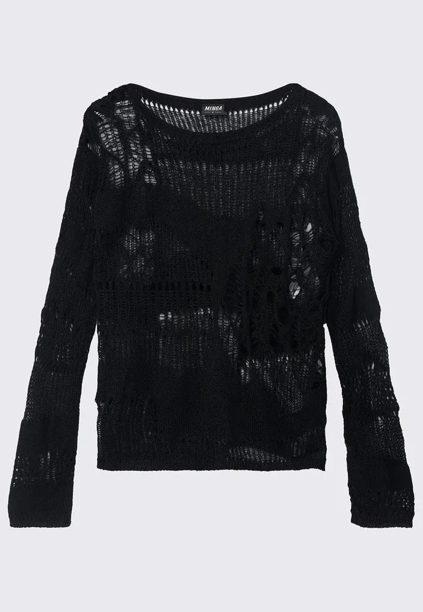 Minga London - Arachne Black Distressed Knit Jumper - Pullover