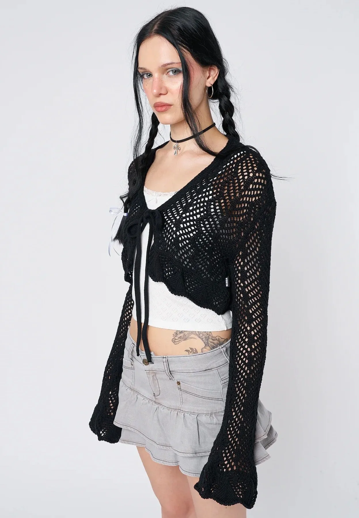 Minga London - Brenna Tie Front Frill Crochet Crop - Cardigan