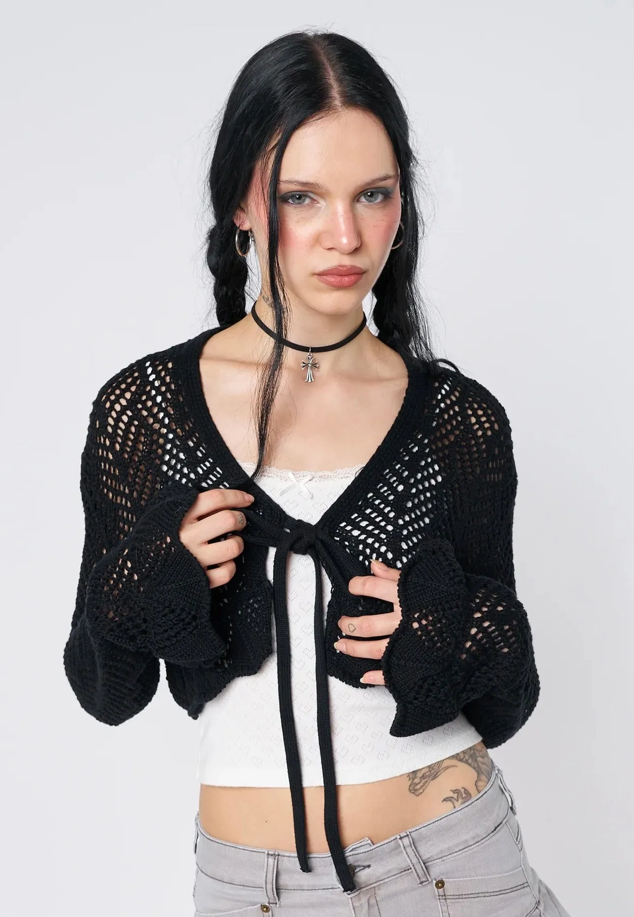 Minga London - Brenna Tie Front Frill Crochet Crop - Cardigan
