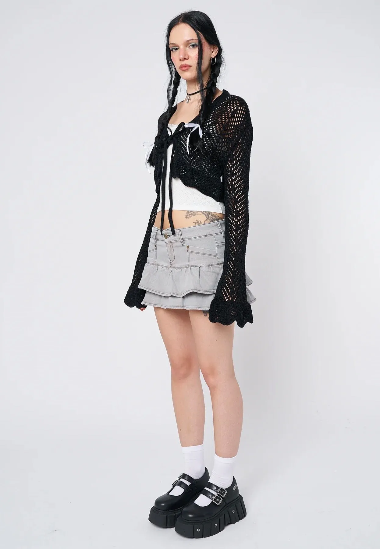 Minga London - Brenna Tie Front Frill Crochet Crop - Cardigan