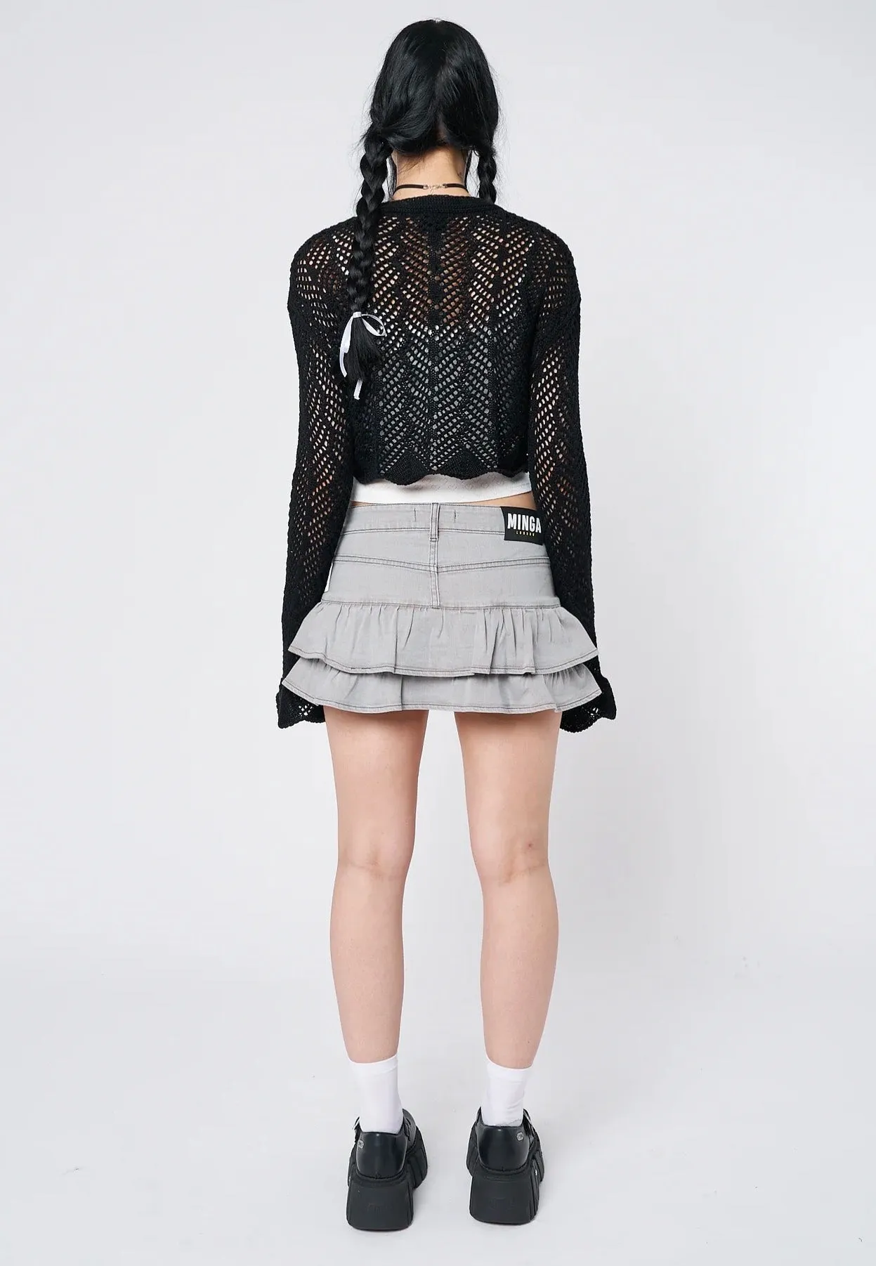 Minga London - Brenna Tie Front Frill Crochet Crop - Cardigan