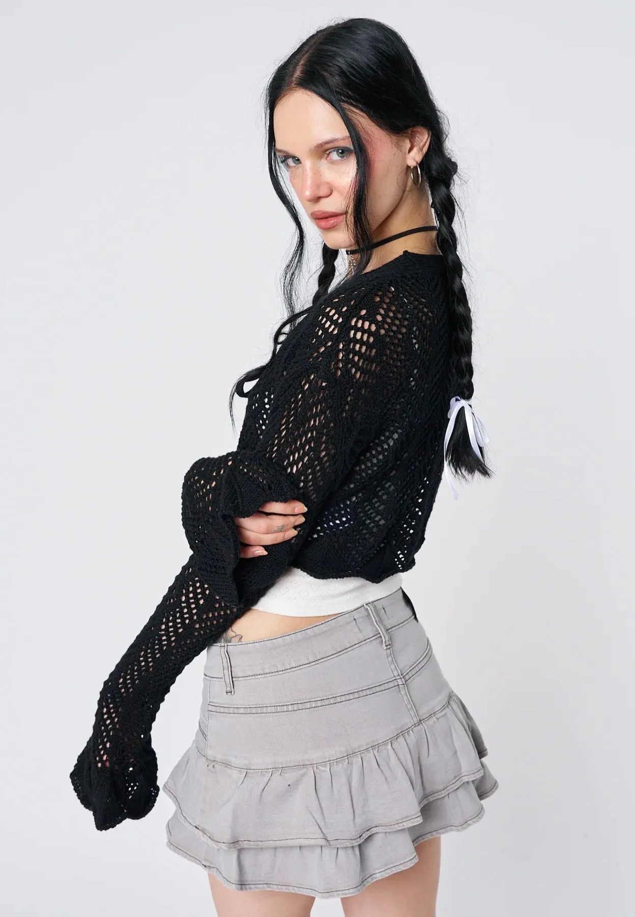 Minga London - Brenna Tie Front Frill Crochet Crop - Cardigan