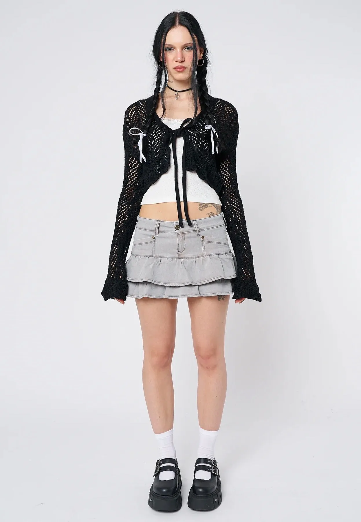 Minga London - Brenna Tie Front Frill Crochet Crop - Cardigan